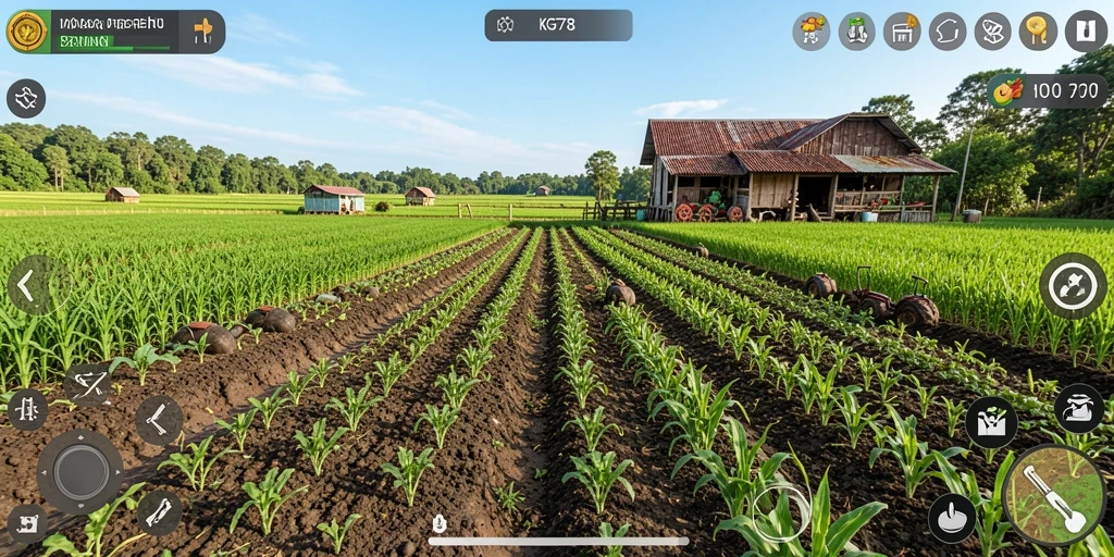Screenshot KG778 menunjukkan peternakan yang indah dan aktivitas beragam dalam game Farming.
