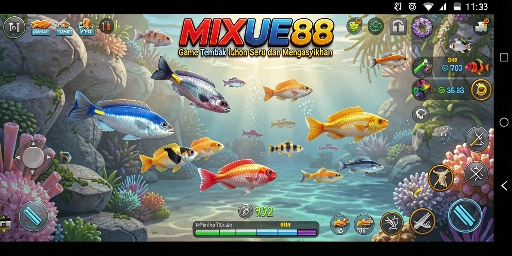 Tampilan gameplay seru Tembak Ikan MIXUE88 dengan berbagai jenis ikan.