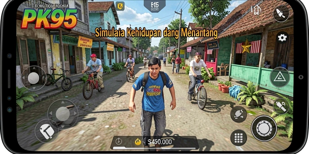 Screenshot gameplay PK95 menunjukkan simulasi kehidupan yang penuh warna.